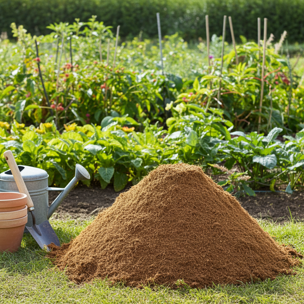 Raw coir pith a garden with gardening tools and plants in the background