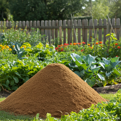 Raw coir pith in a garden with a wooden fence and plants in the background