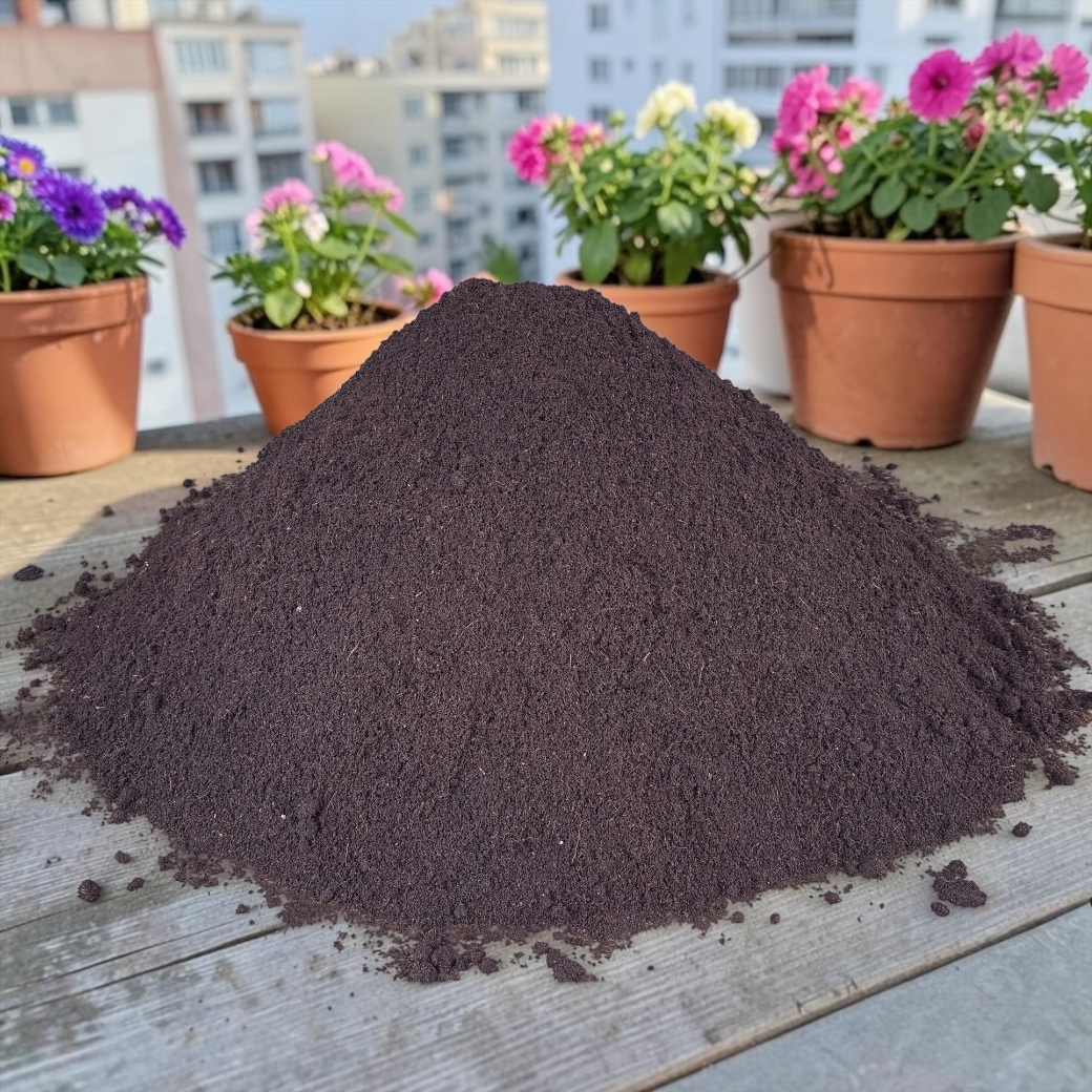 Viyogan Organics premium organic cocopeat compost powder in a dark brown, fine-textured pile for healthy plant growth.