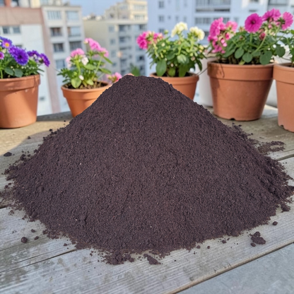 Viyogan Organics premium organic cocopeat compost powder in a dark brown, fine-textured pile for healthy plant growth.